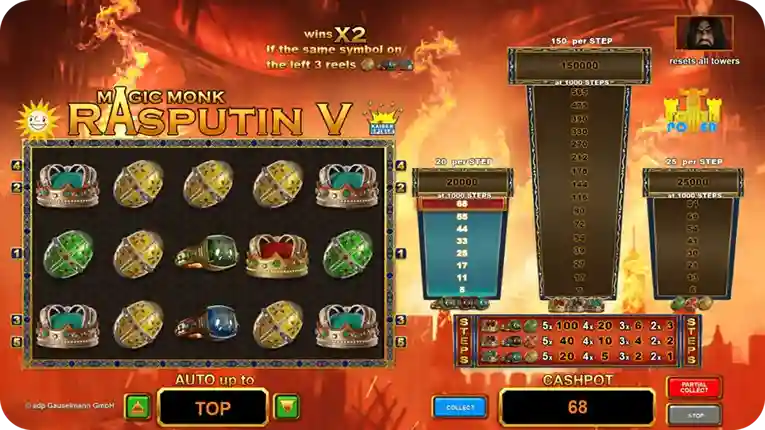 Magic Monk Rasputin V Slot mit Türmen, Steps und mystischer Merkur Atmosphäre